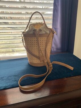 Tommy Bahama Tan Woven Bucket Bag with Drawstring Closure